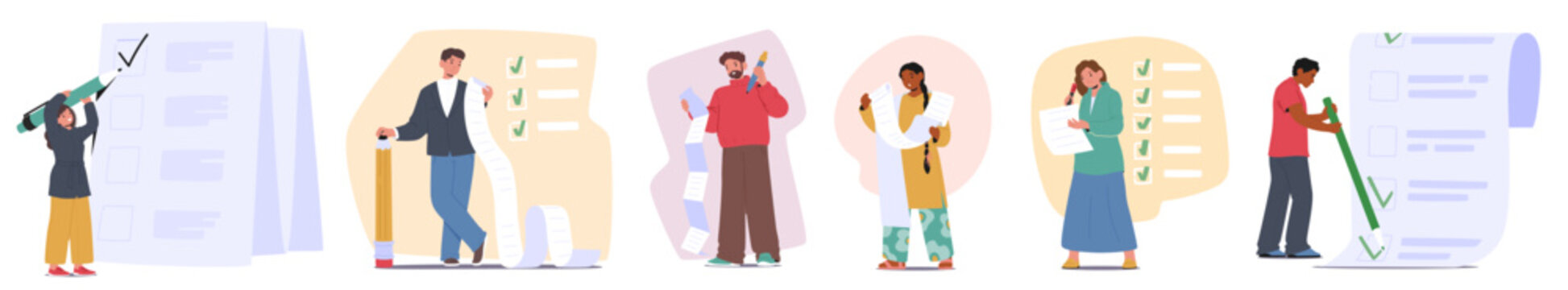 Diverse people cartoon characters working with checklist task, planning chores in to-do list set