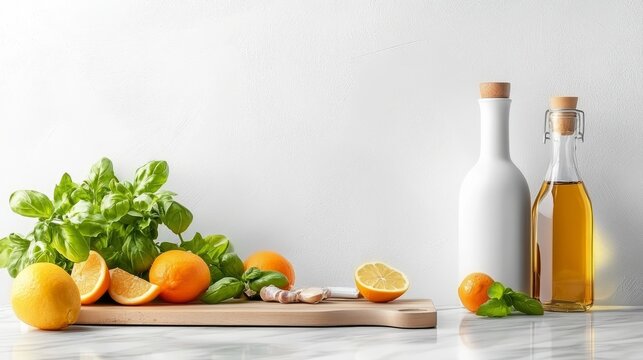 Fresh Citrus and Herb Ingredients on White Marble Surface with Olive Oil Bottles, Cutting Board, and Vibrant Green Basil for Cooking and Culinary Use