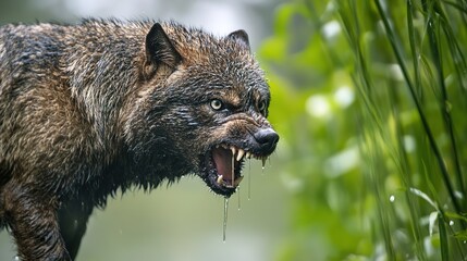 Fototapeta premium Aggressive rabid dog snarling with frothy saliva, intense eyes, and raised fur, isolated on a blurred background. Concept of danger, wild animal behavior, and rabies awareness