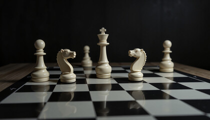 Levitating chess pieces casting eerie shadows on board, strategic mystery