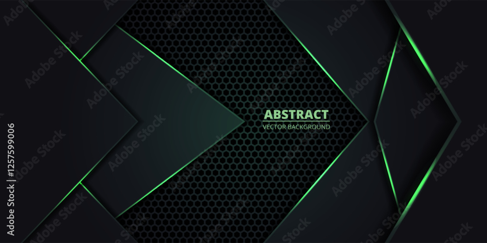 Aufkleber Dark abstract background with hexagon grid and green luminous lines and arrow shapes. Technology vector illustration