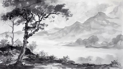 Black ink wash painting of serene Japanese landscape with misty mountains, tranquil river, delicate trees, oriental brush strokes, artistic harmony