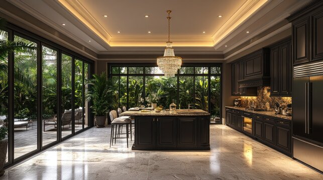 Luxurious dark kitchen with outdoor patio view - Powered by Adobe