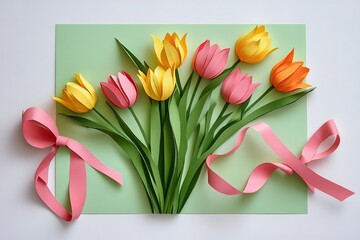 Delicate Paper Tulips Bouquet with Ribbon on Mint Green Background