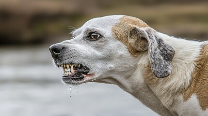 Aggressive rabid dog snarling with frothy saliva, intense eyes, and raised fur, isolated on a blurred background. Concept of danger, wild animal behavior, and rabies awareness