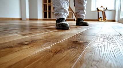 Obraz premium Worker sanding wood floor, home renovation, new house