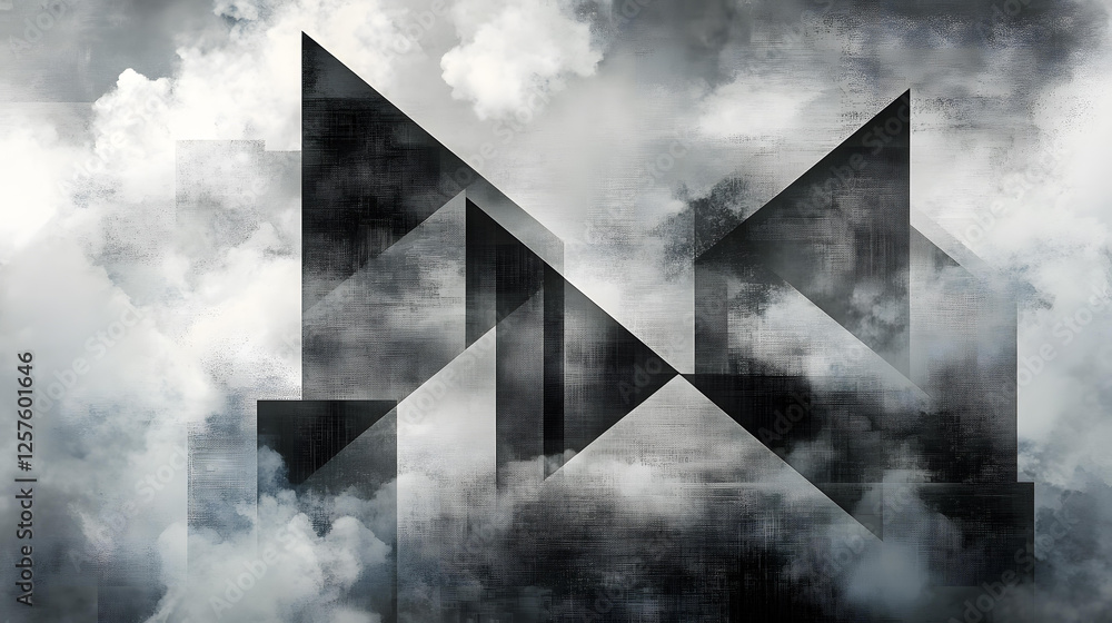 Poster Abstract Geometric Composition of Black Triangles and Squares in a Cloudy Sky