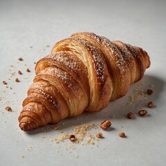 .A cinnamon-sugar-coated croissant, elegantly plated on a white backdrop.