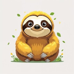 Obraz premium Cute yellow sloth cartoon illustration on plain white background