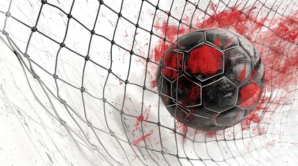 Black-red soccer ball with red goal net illustration, pencil and watercolor sketch, 3d cg high-resolution sports art with dynamic motion