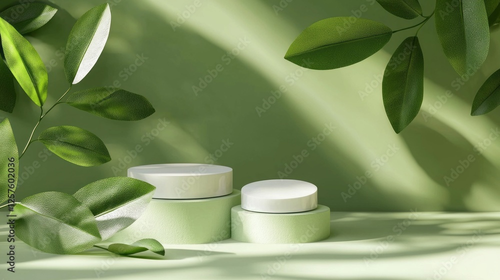 Aufkleber soft, shadowy leaves create an enchanting backdrop for a minimalistic product display stand featurin