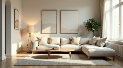 Fototapeta premium Serene Living Room with Neutral Tones and Natural Light, Featuring a Comfortable Sectional Sofa and Stylish Artwork