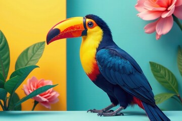 Fototapeta premium Vibrant Toucan Posing Amidst Lush Tropical Foliage and Delicate Blossoms on a Colorful Background