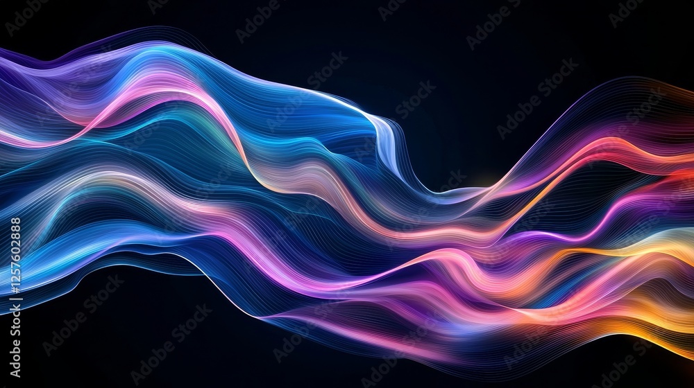 Poster on a dark canvas, parallel lines of a glowing rainbow spectrum are displayed, created through genera