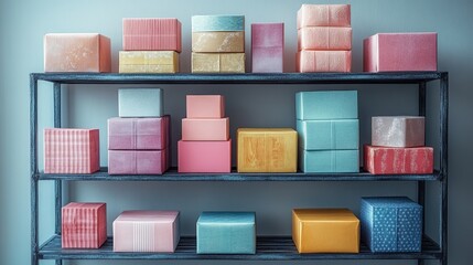Modern industrial-style steel shelf displaying glossy packaging boxes in pastel tones