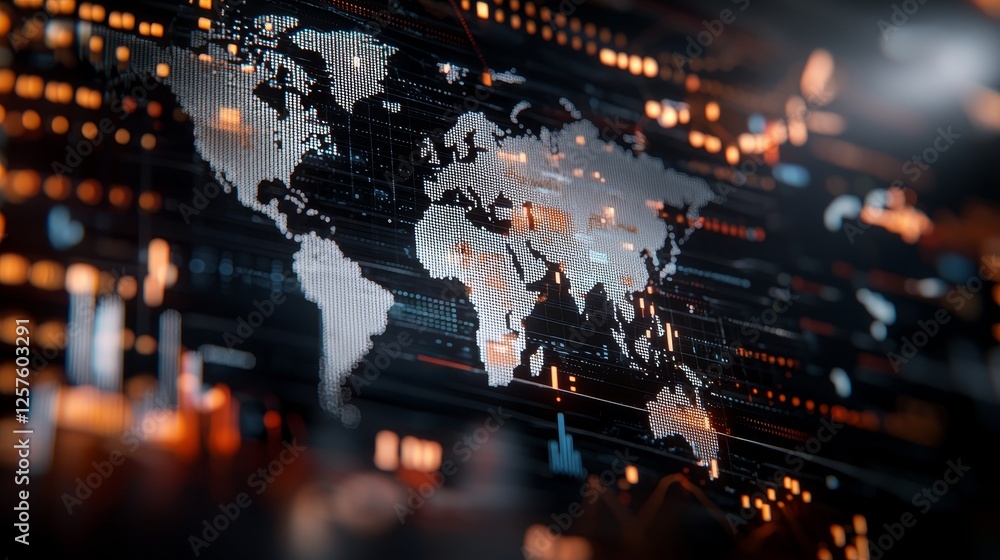 Poster world map statistic data graph on a dark blue finance background in 3d