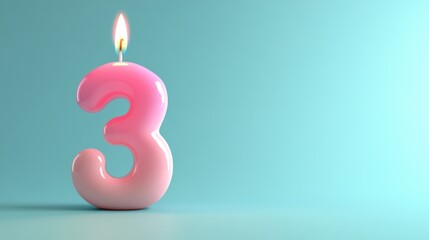 Pink birthday candle number three, light blue background, celebration (1)