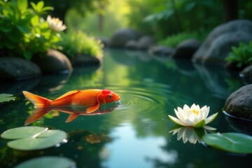 Serene aquatic scene featuring a vibrant orange fish gracefully swimming in a tranquil pond surrounded by lush green vegetation and delicate water lilies reflecting the sunlight