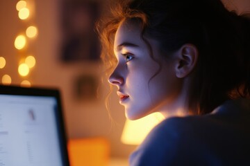 young woman using laptop at night