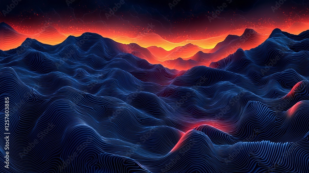 Poster contour topographic wave lines as the backdrop, overlayed with a red abstract pattern texture on a d
