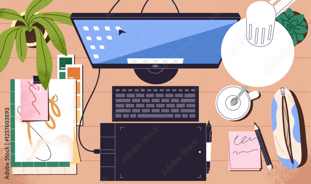 Fototapete tidy workplace of artist with graphic tablet top view. clean computer table with drawing stationery,