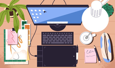 Tidy workplace of artist with graphic tablet top view. Clean computer table with drawing stationery, art books. Neat desk with keyboard, monitor, lamp. Workspace organization. Flat vector illustration