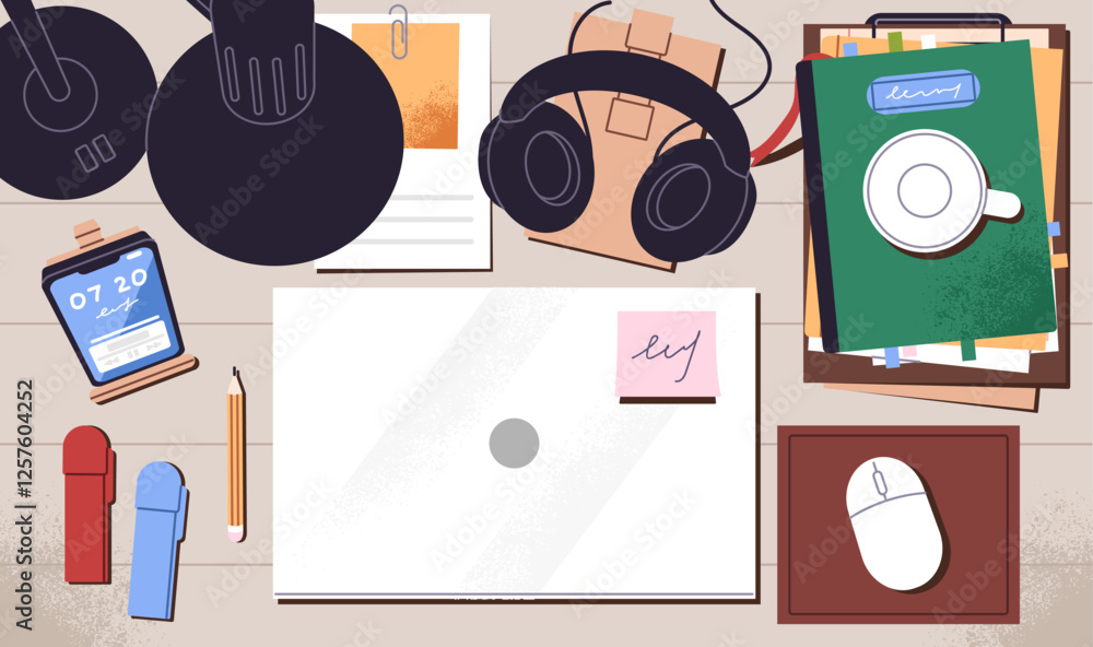 Poster tidy desk with laptop, headphones and heap of notebooks top view. clean table with order for learnin