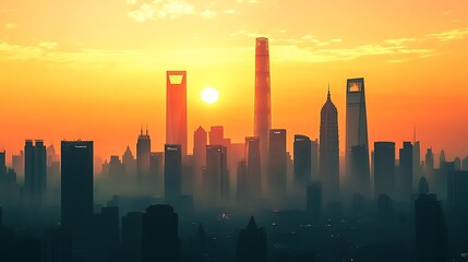Shanghai Skyline Sunset Cityscape Dramatic Orange Hues