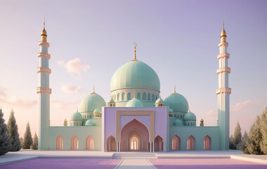 A minimalist 3D-rendered scene of a mosque with smooth, pastel-colored surfaces. The mosque features elegant domes and a tall minaret, set against a soft gradient sky blending warm and cool pastel 