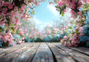 A background of spring flowers with pink blossoms placed on a wooden table