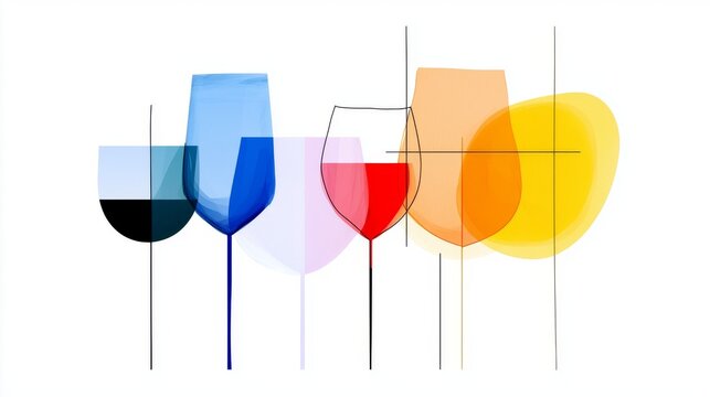 An eye-catching abstract design with a row of wine glasses in multiple shades, suitable for beverage-related graphics