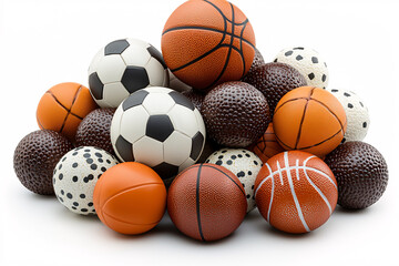 Assorted sports balls, including basketballs and soccer balls, piled together on a clean white background in a studio setting.