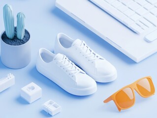 desk with cactus, laptop, sneakers, and sunglasses