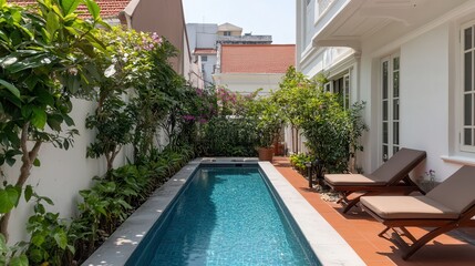 Fototapeta premium Private pool, tropical garden, city view, relaxation