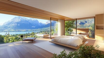 Fototapeta premium luxury apartment sophisticated penthouse. Modern bedroom with panoramic mountain views and natural light.