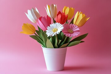 Vibrant Paper Flower Bouquet in a White Pot