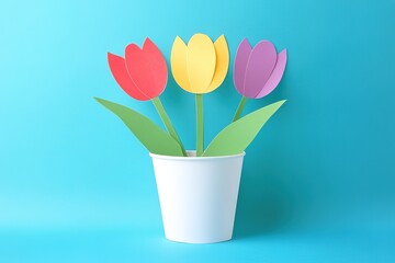 Colorful Paper Tulips in a White Pot Against a Teal Background