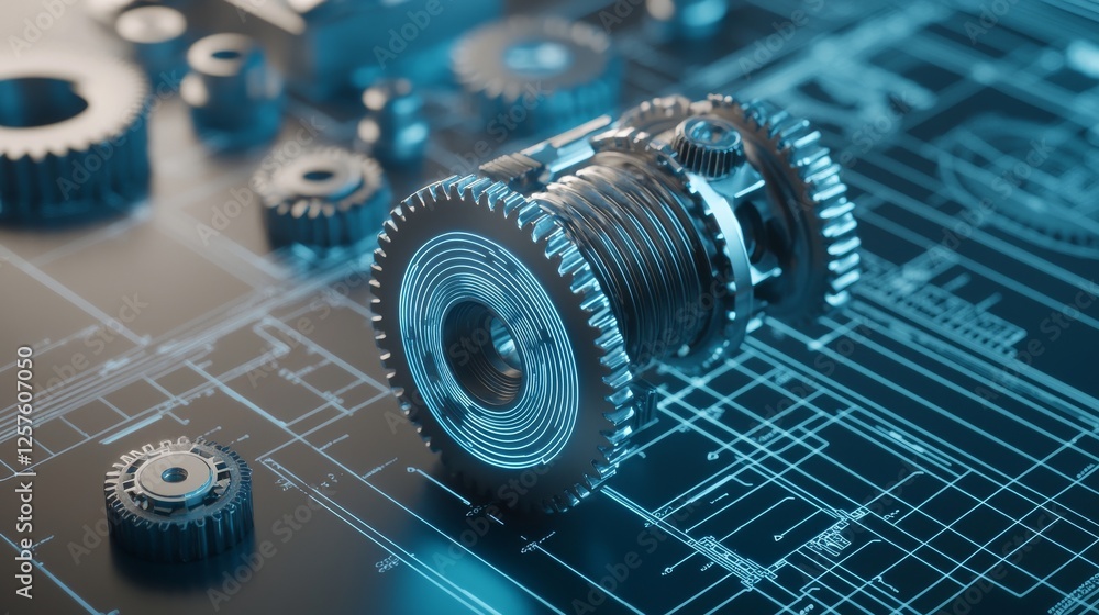 Poster a 3d abstract image featuring a close-up of gears illuminated by blue light against a dark backgroun