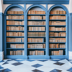 elegant blue library bookshelf with arched design and classic book collection in a stylish interior, perfect for reading and study spaces