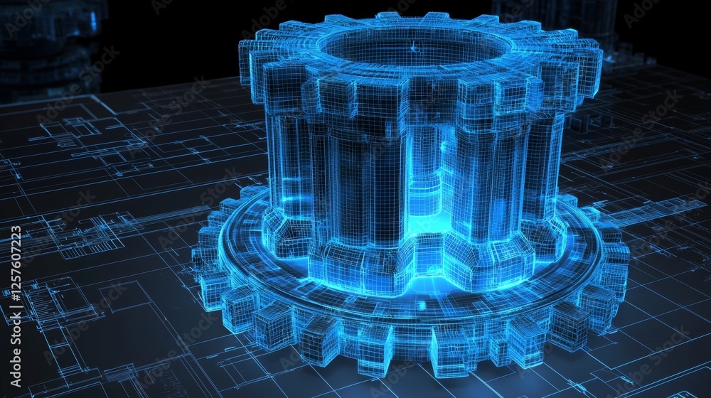 Aufkleber an abstract 3d rendering showcasing gears in close-up, bathed in blue light with a dark backdrop.