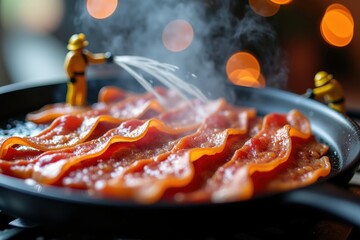 Sizzling, Crispy Bacon Being Cooked to Perfection with a Playful Twist of Miniature Firefighters Spraying Water in a Cozy Kitchen Setting