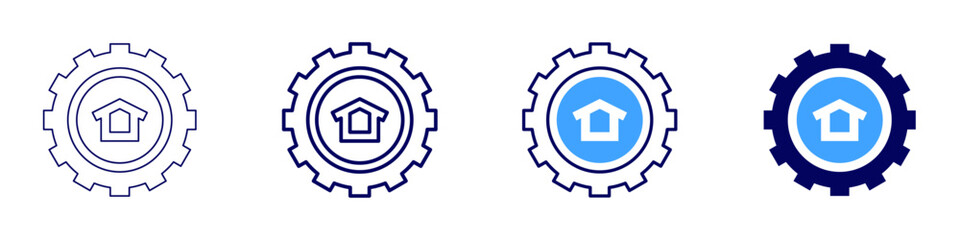 Home settings icon in 4 different styles. Thin Line, Line, Bold Line, Duotone. Duotone style. Editable stroke