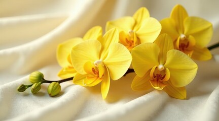 Close-up of vibrant yellow orchids delicately arranged on a soft, cream-colored fabric surface