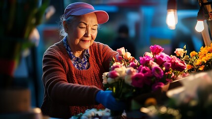 A joyful elderly woman carefully arranging vibrant flowers at a market