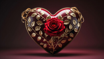 Obraz premium Beautiful Deep Red Heart Shaped Ornament Wrapped in Golden Stem of Blooming Red Rose on Dark Red Background for Chic Wedding and Holiday Gift Ideas Romantic Wallpaper Background