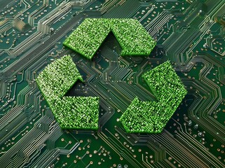A green recycle symbol, designed in a stylized manner, is incorporated into a circuit board, illustrating the balance between cutting-edge technology and eco-friendly practices in today's green