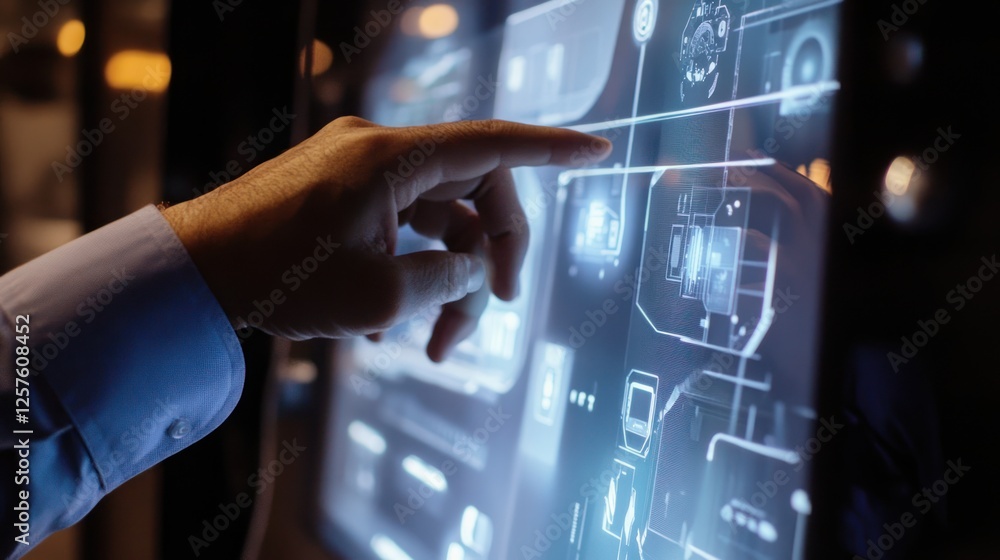 Poster interactive screens with touch and gesture control, allowing workers to manage complex manufacturing