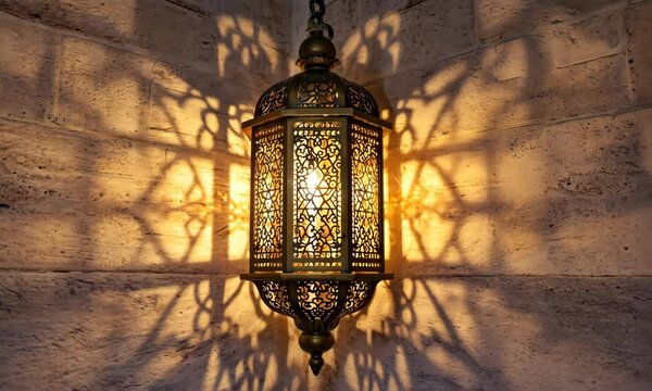 Illuminated Moroccan lantern casts shadow on wall