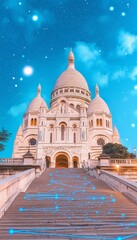 Fototapeta premium Sacre Coeur Basilica, Majestic Paris Landmark Blue Dot Outline on Stairway at Twilight