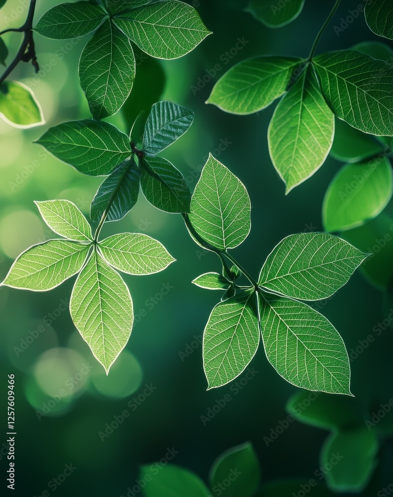 Poster spring bokeh with softly blurred green leaves and gentle green shading